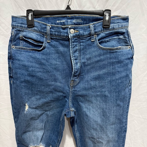 Old Navy Sky Hi Straight Distressed Jeans 14 Extra High Rise Dark Wash Raw Hem - Picture 2 of 9